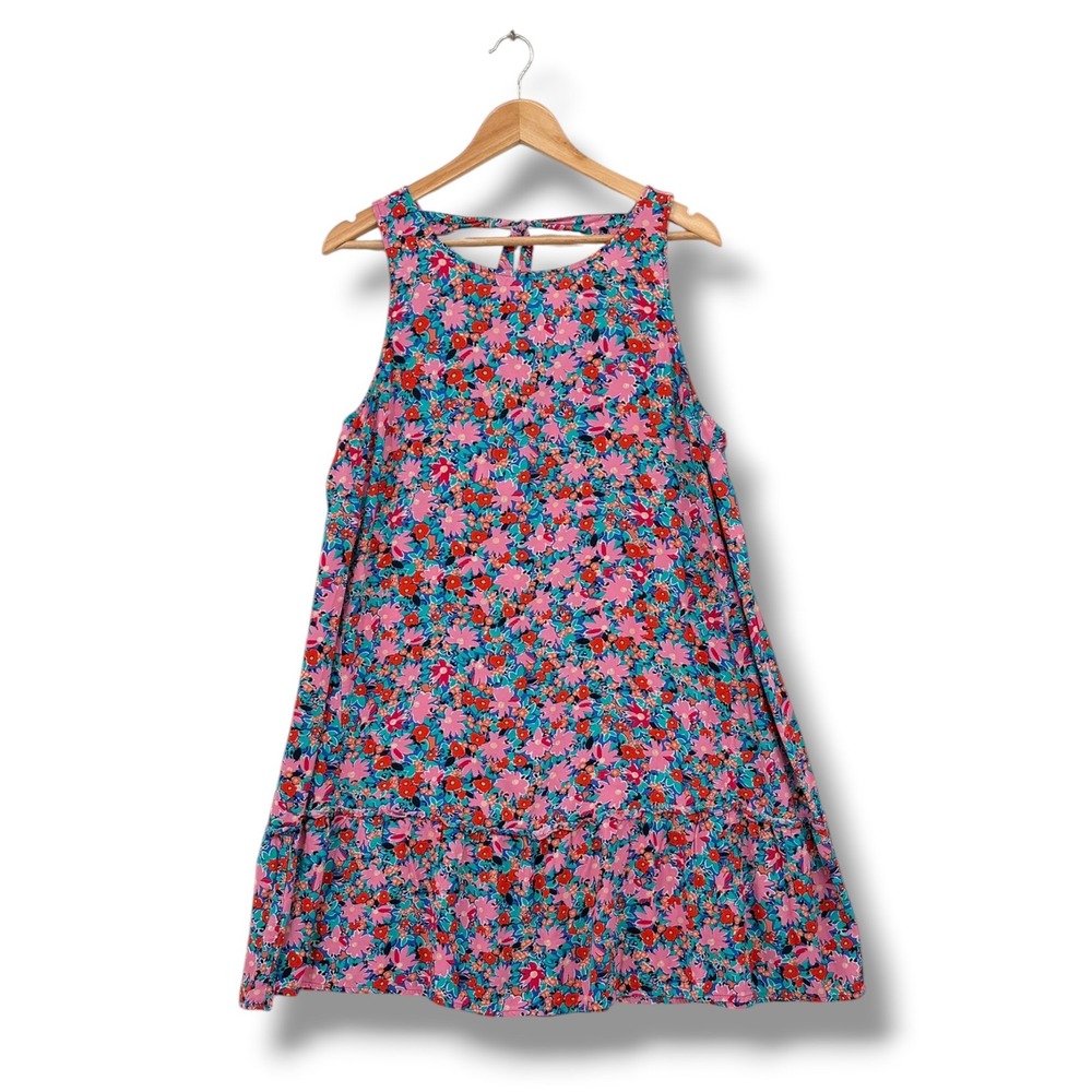 LOFT Petites Pink Blue Floral Tie Back Ruffle Hem Sun Mini Dress LP
